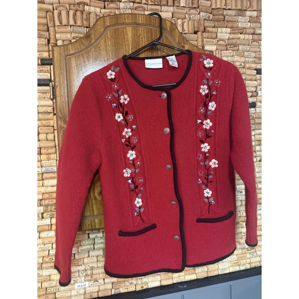 Alfred Dunner Red Floral Sequin Cardigan Sweater Blazer Floral Holiday 100% Sz M